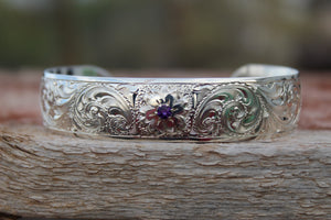 Engraved 5/8" Bracelet with Flower and Stone