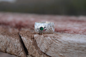 Silver Engraved Band With flower and Birthstone
