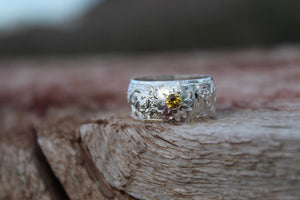 Silver Engraved Band With flower and Birthstone