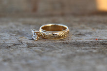 Load image into Gallery viewer, 14k yellow gold engraved 6mm band with a 1.4 carat lab grown princess cut diamond