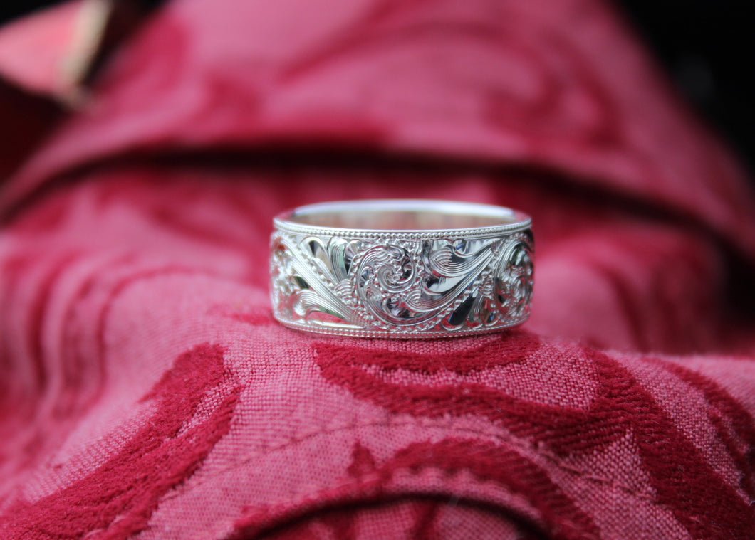 Sterling Silver, hand made and hand engraved 10mm Comfort band with milgrain edge