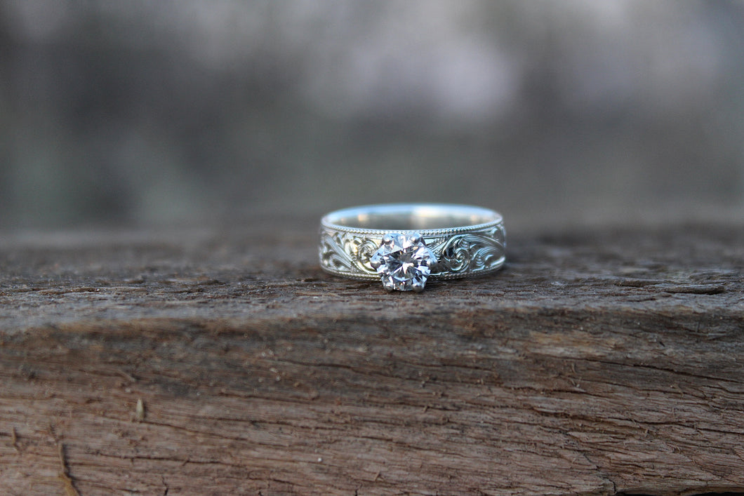 5mm engraved band with 1/2 carat moissanite round stone