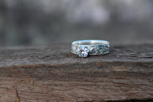 5mm engraved band with 1/2 carat moissanite round stone