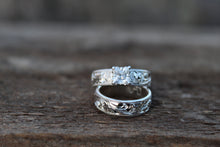 Load image into Gallery viewer, Sterling silver 5mm engraved comfort band with 1/2 carat princess cut moissanite stone