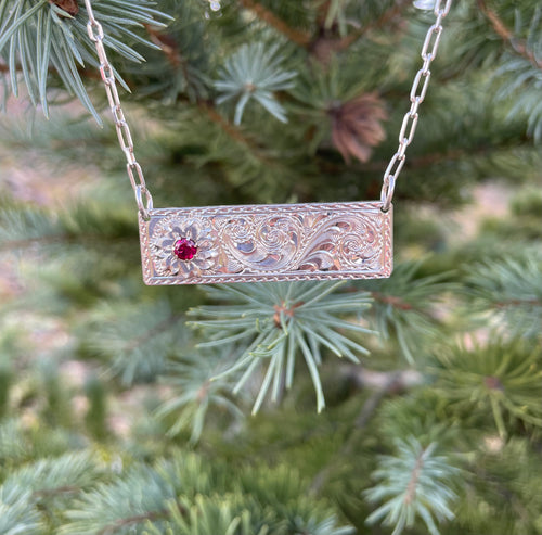 Bar Necklace with Flower and Choice of Stone